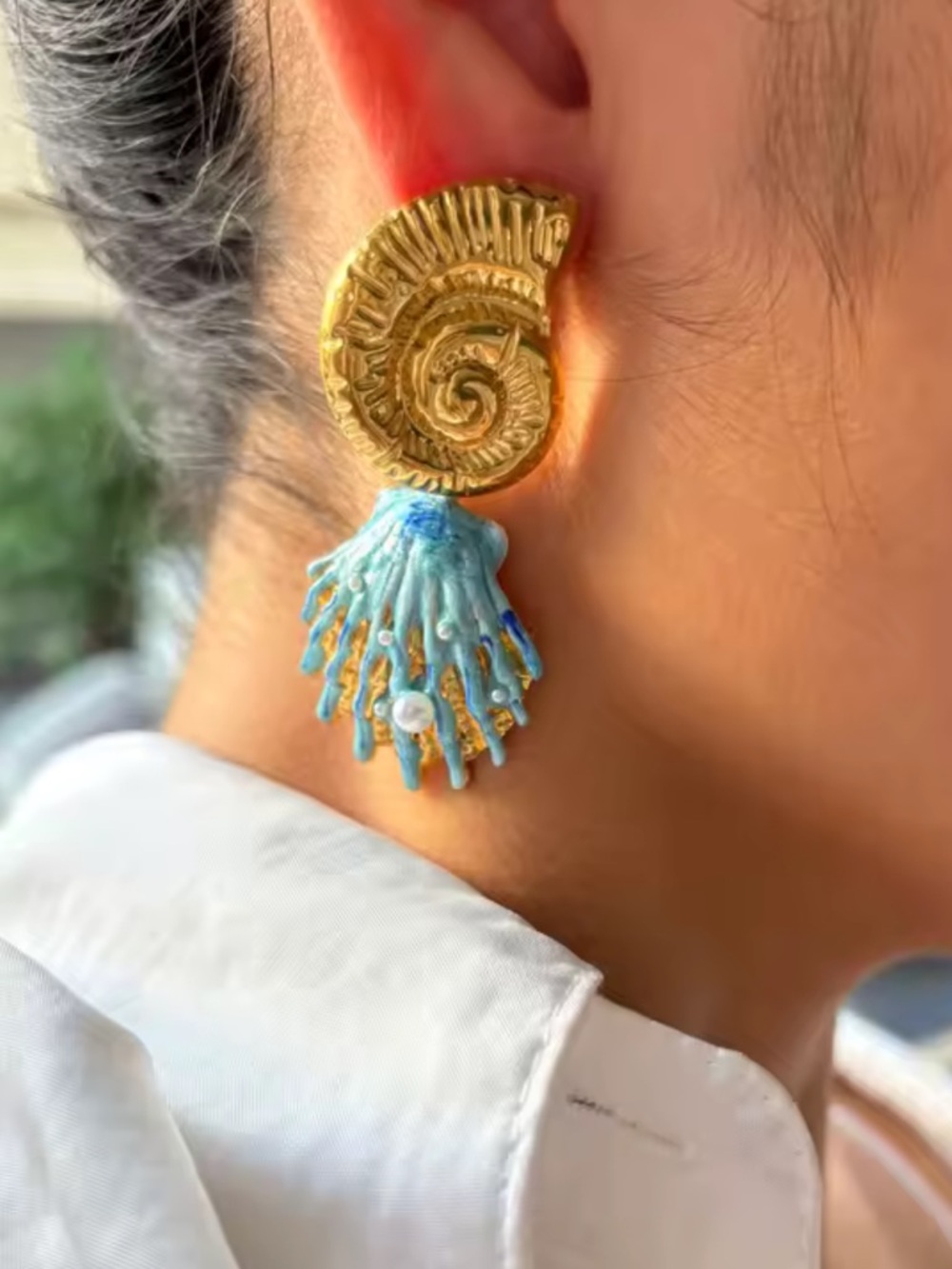 Anthropologie Gold and Turquoise Shell Drop Earrings - Picture 4 of 5